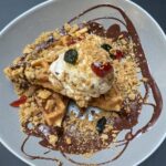 Waffle with icecream, fruit and chocolate
