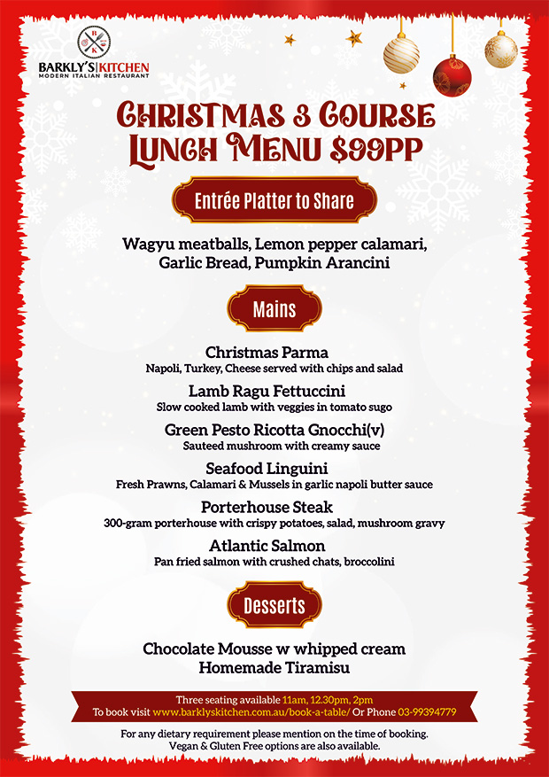 Barkly's Kitchen Christmas Menu 2023