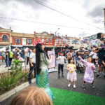 Mermaid bubble blowing act at the 2024 Sydney Road Street Party on Sydney Road Brunswick.