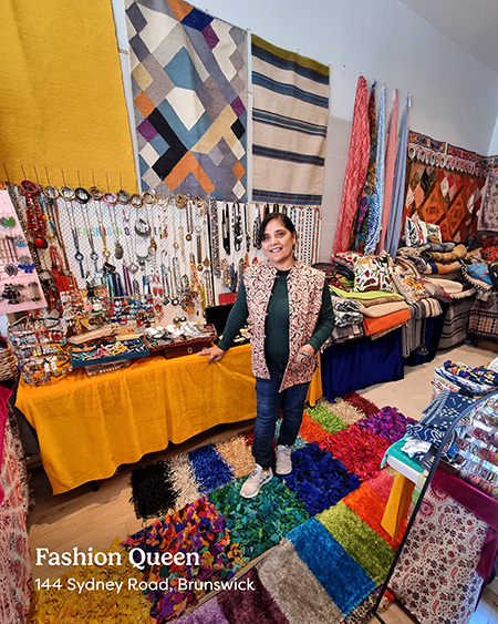 Shweta in her brightly coloured Indian homewares business called Fashion Queen on Sydney Road Brunswick.