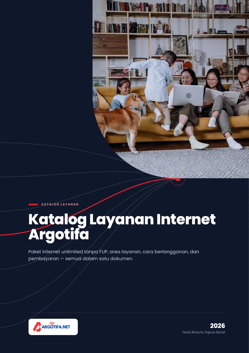 Sampul Katalog Layanan Internet Argotifa 2026 dengan foto keluarga bersantai sambil memakai laptop dan ponsel