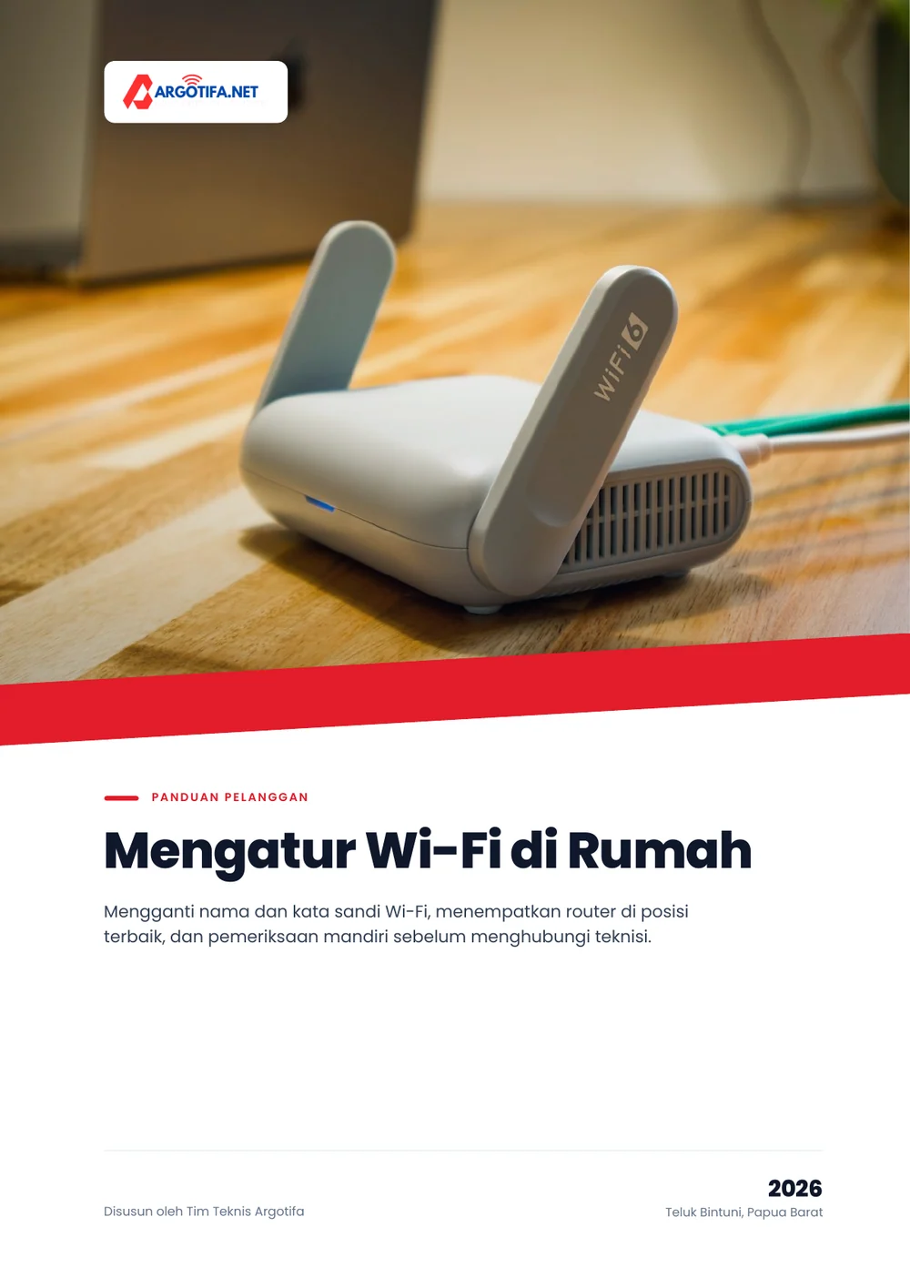Sampul Panduan Mengatur Wi-Fi di Rumah dengan foto router Wi-Fi putih di atas meja kayu