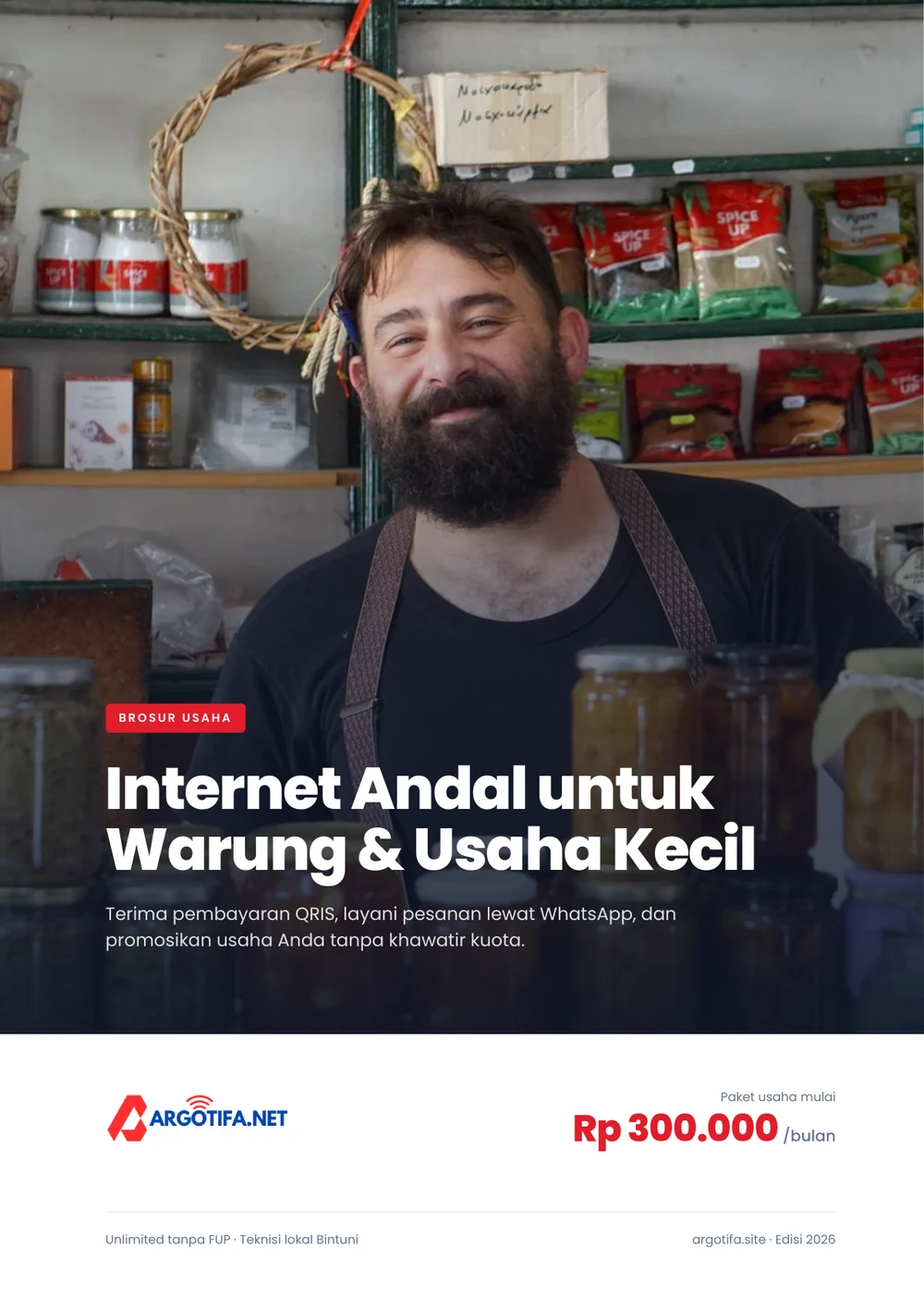 Sampul brosur internet untuk warung dan usaha kecil dengan foto pemilik toko tersenyum di depan rak dagangan