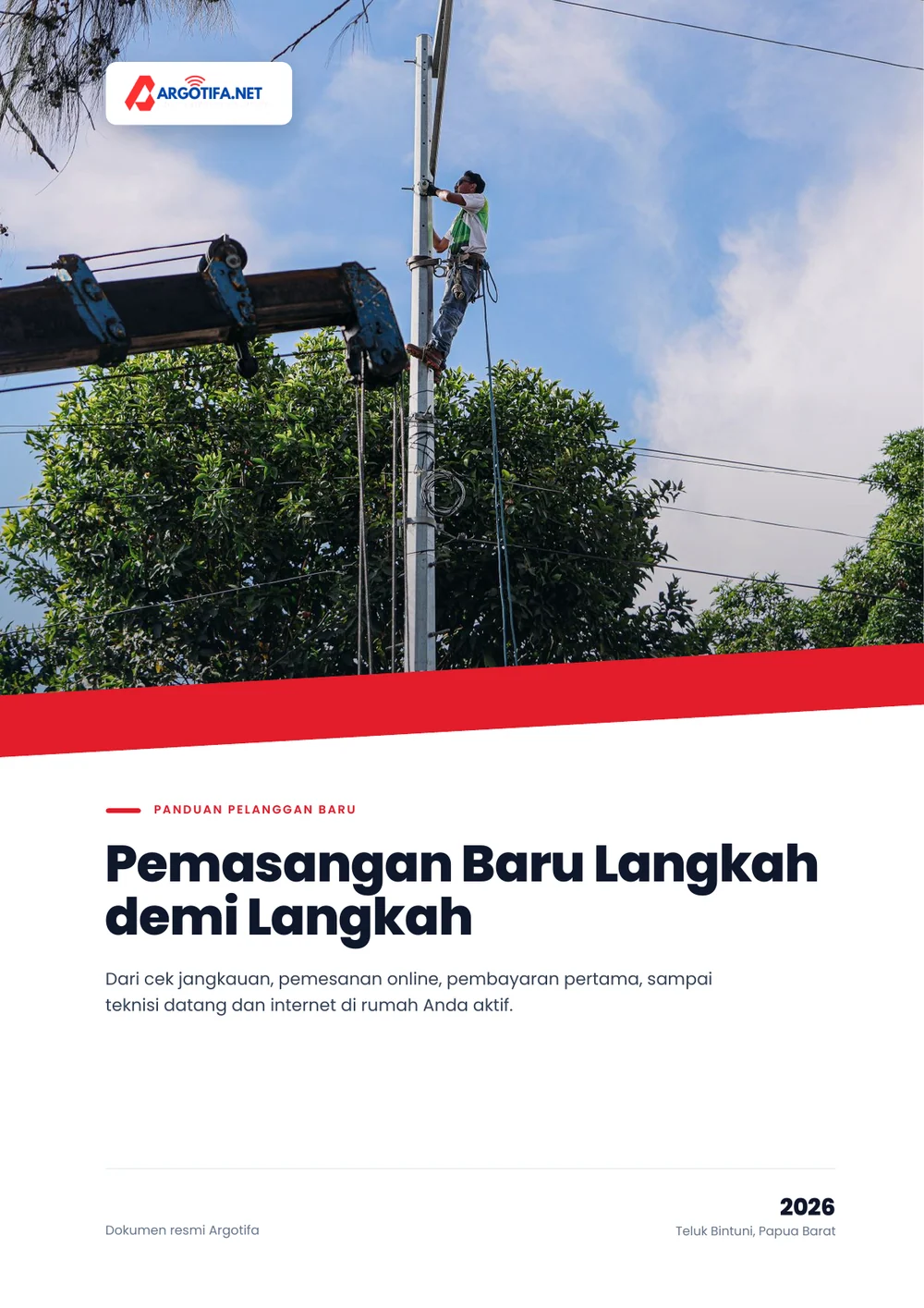 Sampul Panduan Pemasangan Baru dengan foto teknisi bekerja di atas tiang jaringan di bawah langit biru