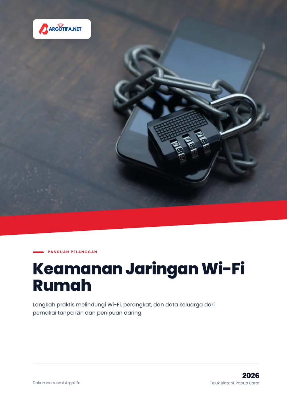 Sampul Panduan Keamanan Jaringan Wi-Fi Rumah dengan foto ponsel terlilit rantai dan gembok