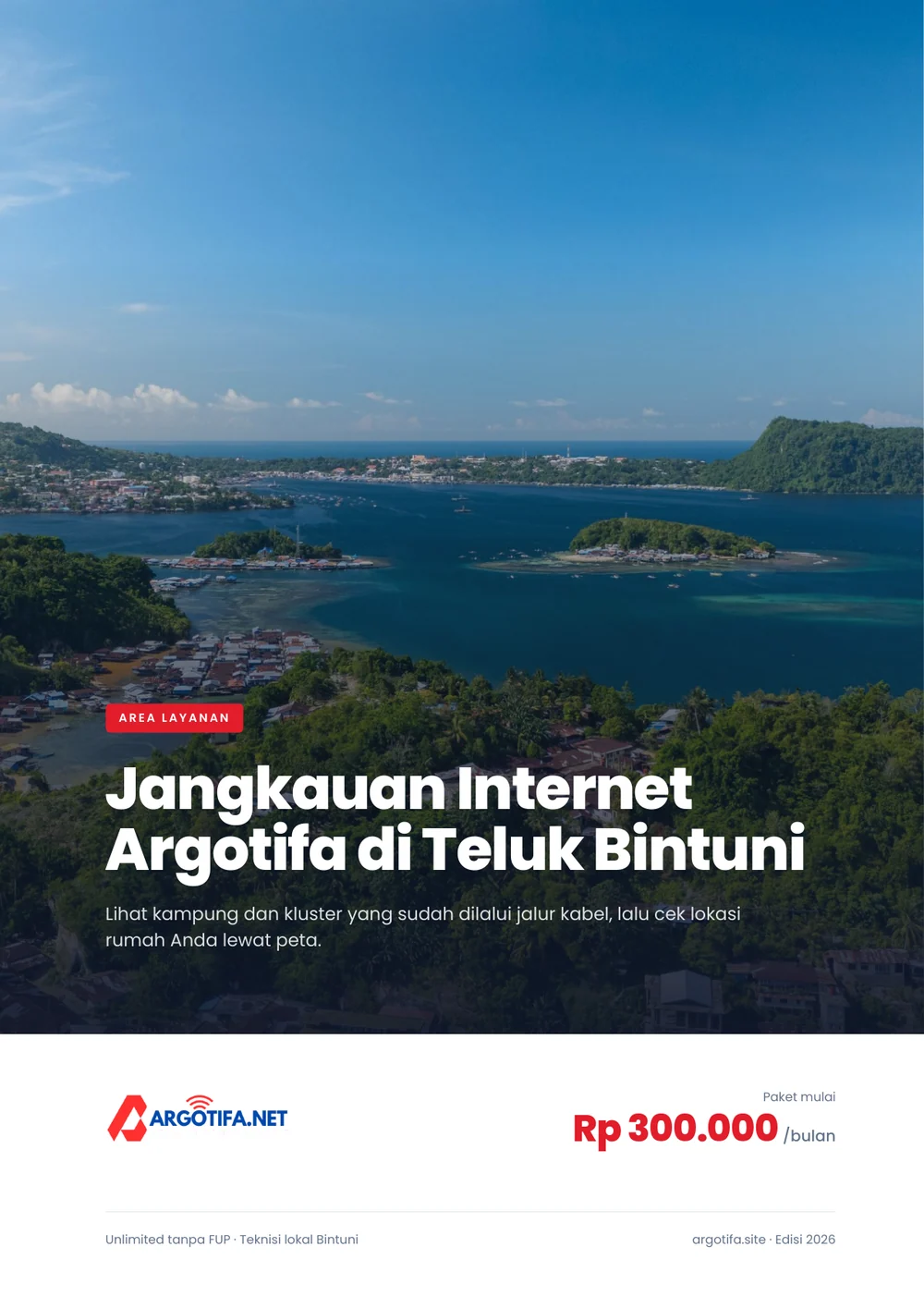 Sampul brosur Area Layanan Argotifa dengan foto udara kota pesisir dan teluk di Papua