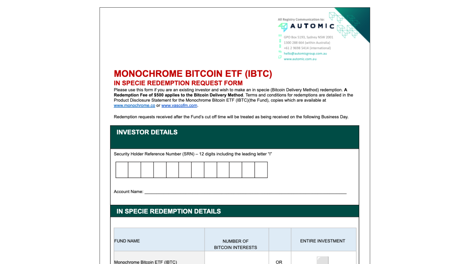 Monochrome ETFs - In-Kind Withdrawal / Redemption Guide | Monochrome Support