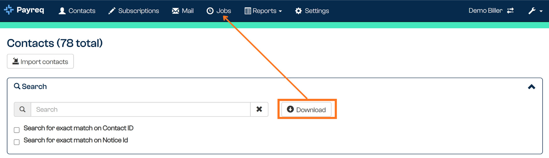 Import Contacts area of the Contacts tab