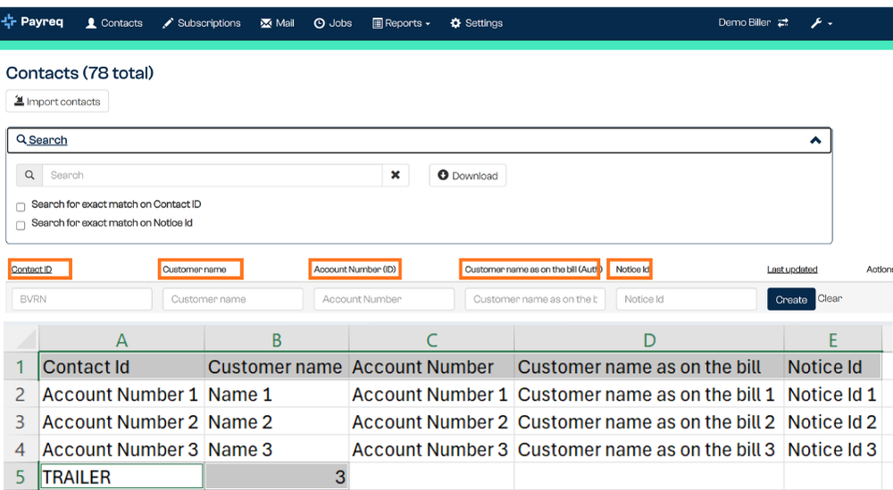 Example CSV showing the header row, Contact rows, and trailer