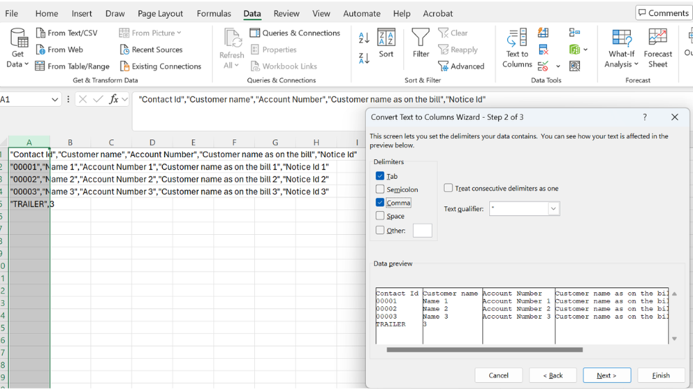 Excel Text to Columns step