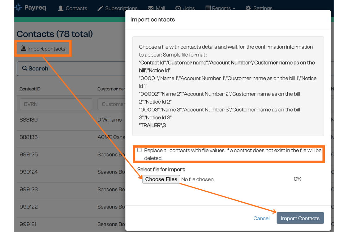 Import Contacts dialog with the replace option