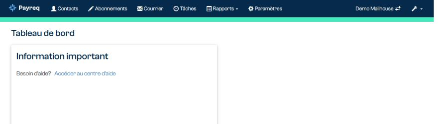 Barre de navigation et tableau de bord de Payreq Delivery.