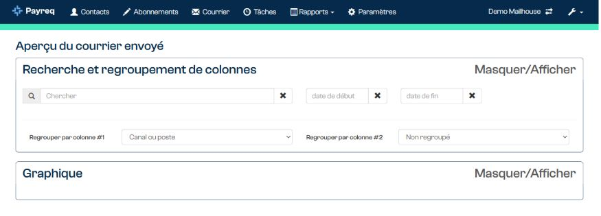 Critères de recherche et regroupement des colonnes pour l'aperçu du courrier envoyé.