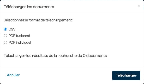 Options de téléchargement du courrier en CSV, en PDF fusionné ou en PDF individuel.