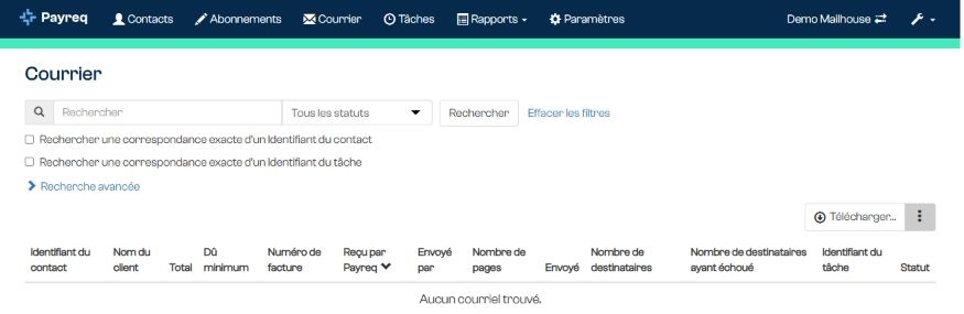 Recherche, filtre de statut et colonnes de la page Courrier.