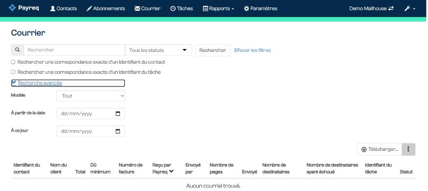 Recherche avancée du courrier par modèle et par dates.