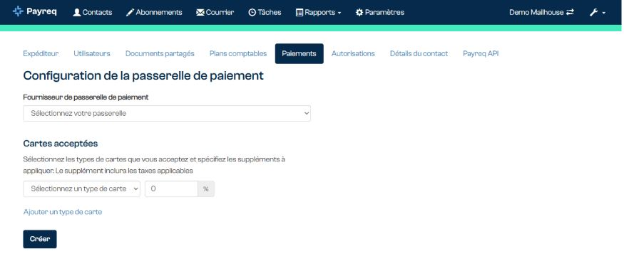 Configuration de la passerelle de paiement et des cartes acceptées.