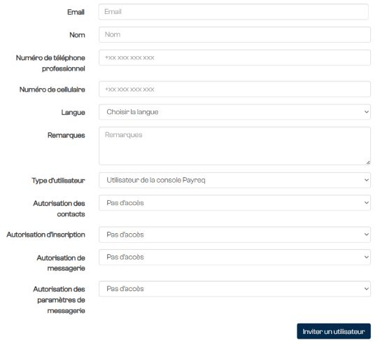 Formulaire d'invitation d'un utilisateur et choix des autorisations.