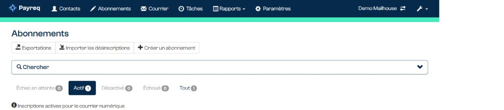 Recherche et onglets de statut de la page Abonnements.