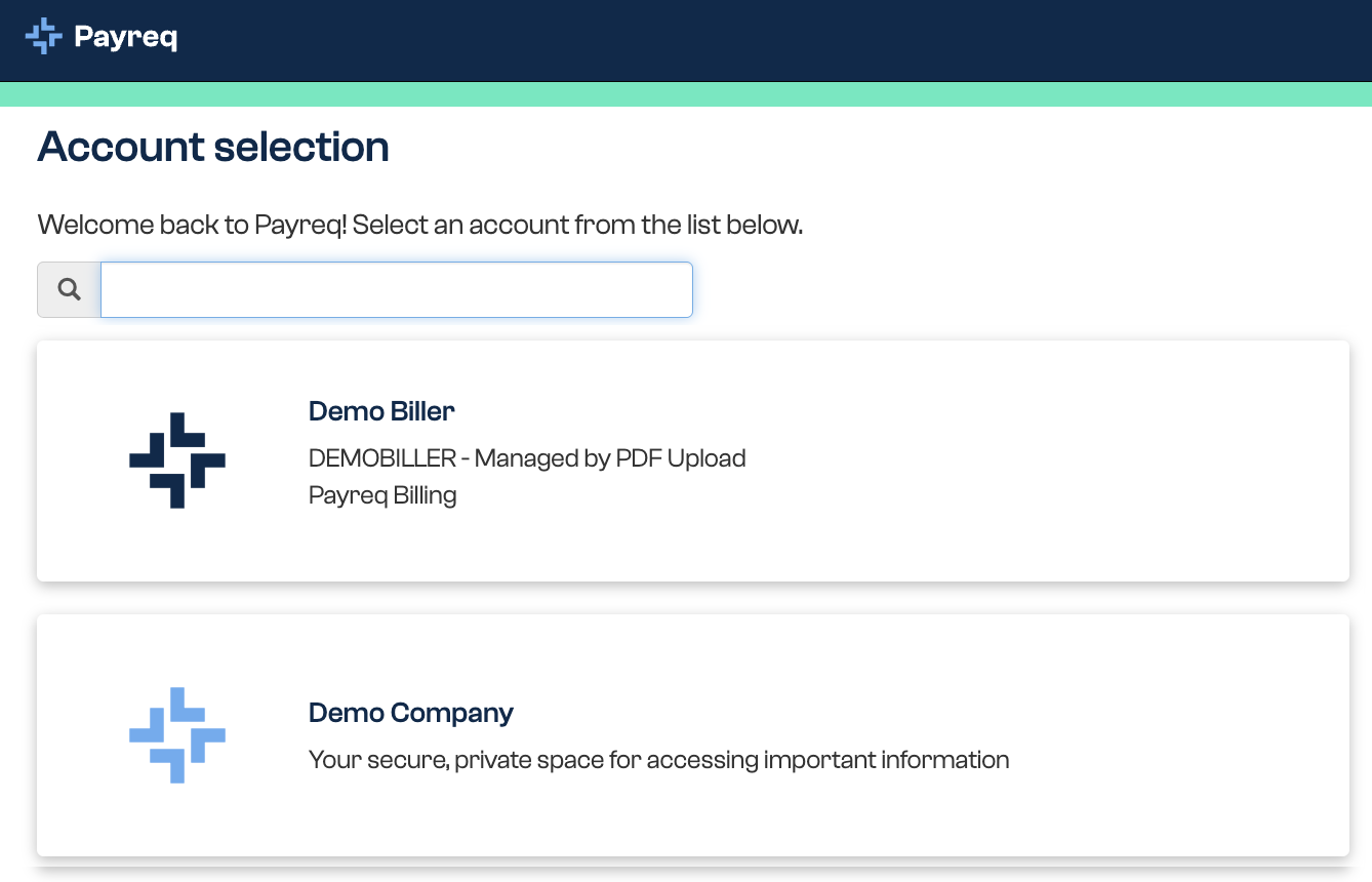 Account selection screen listing the Payreq accounts you can open
