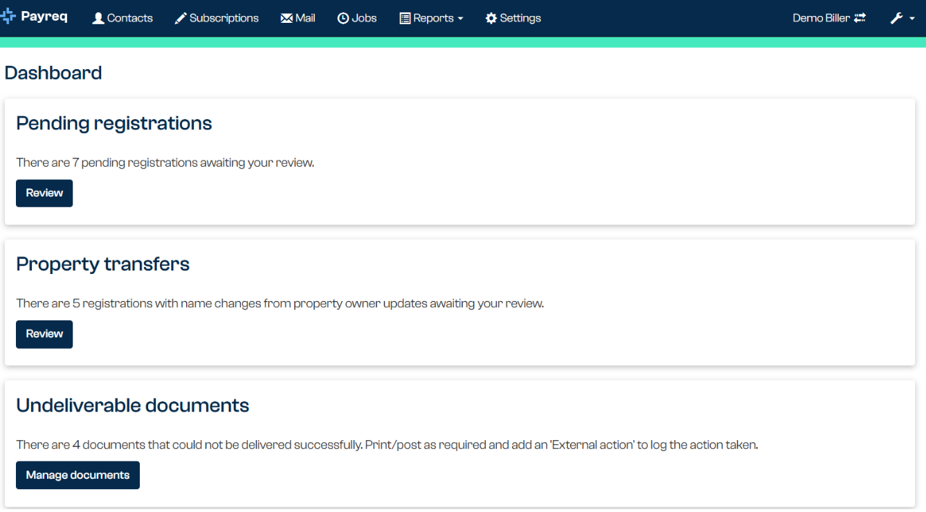 Payreq Delivery dashboard showing the attention items and the account snapshot