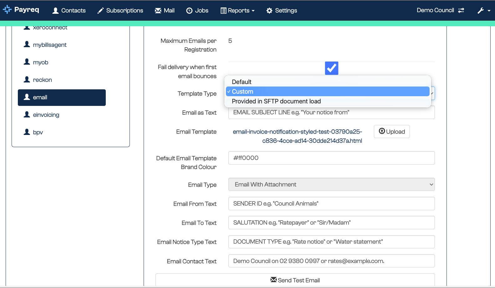 Email channel settings showing the Template Type and HTML template configuration