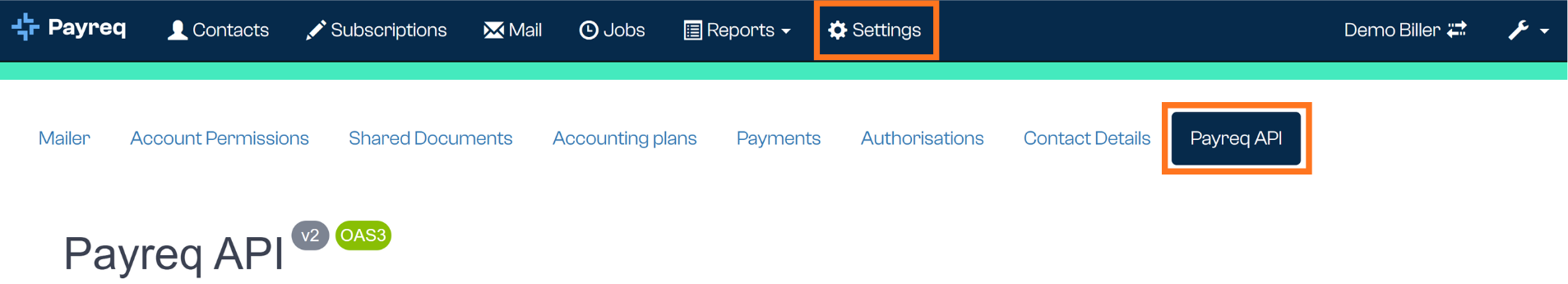The Payreq API tab under Settings