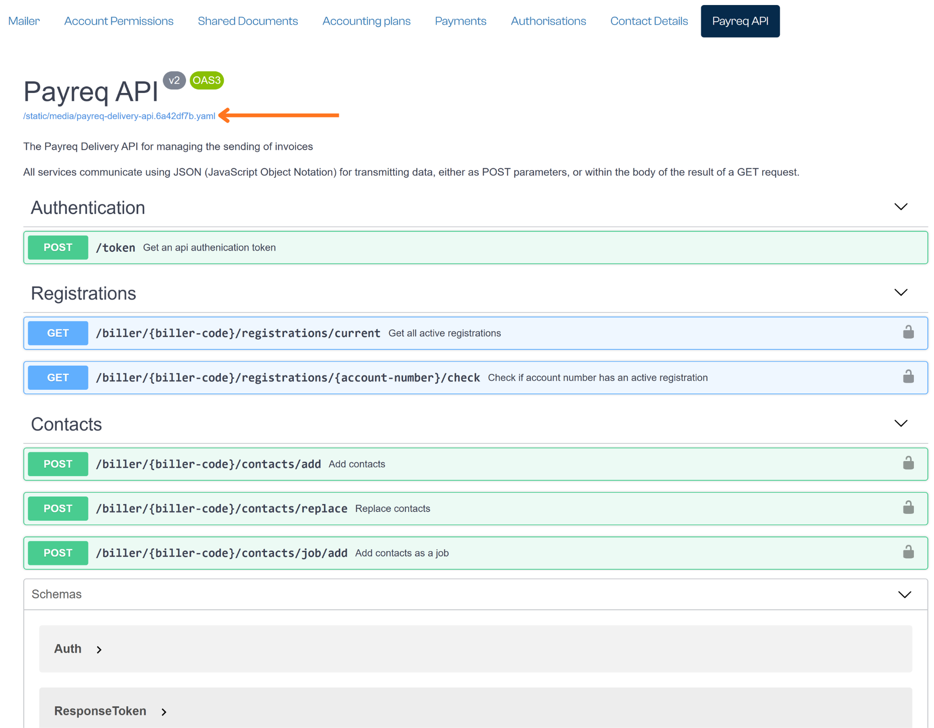 Where the OpenAPI schema file is published from the Payreq API section