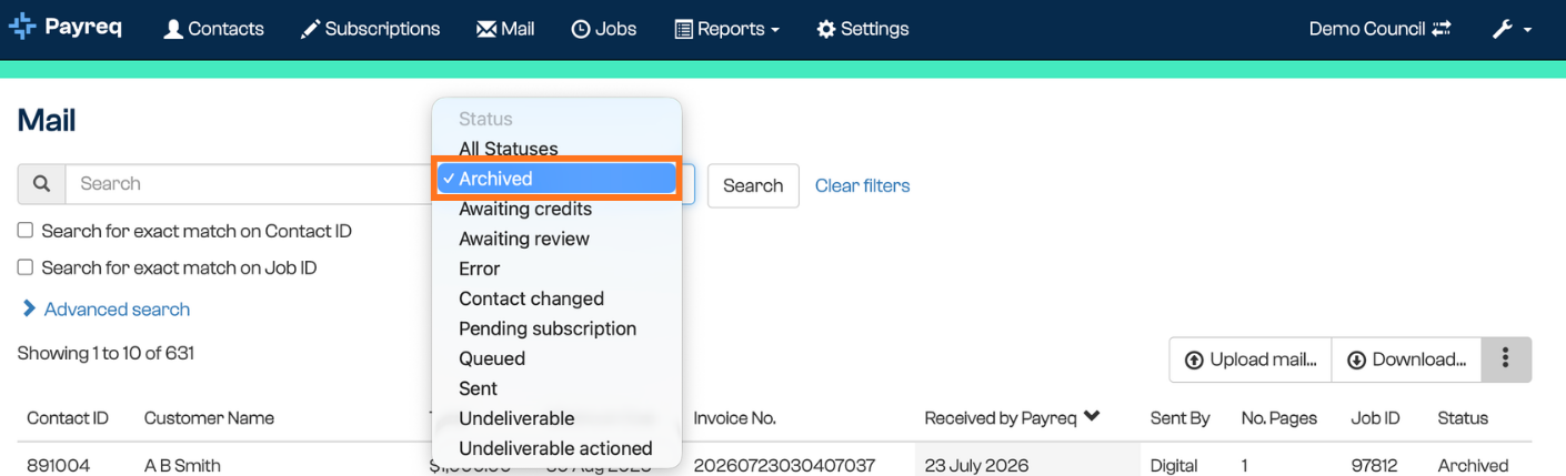 Mail archive with search filters