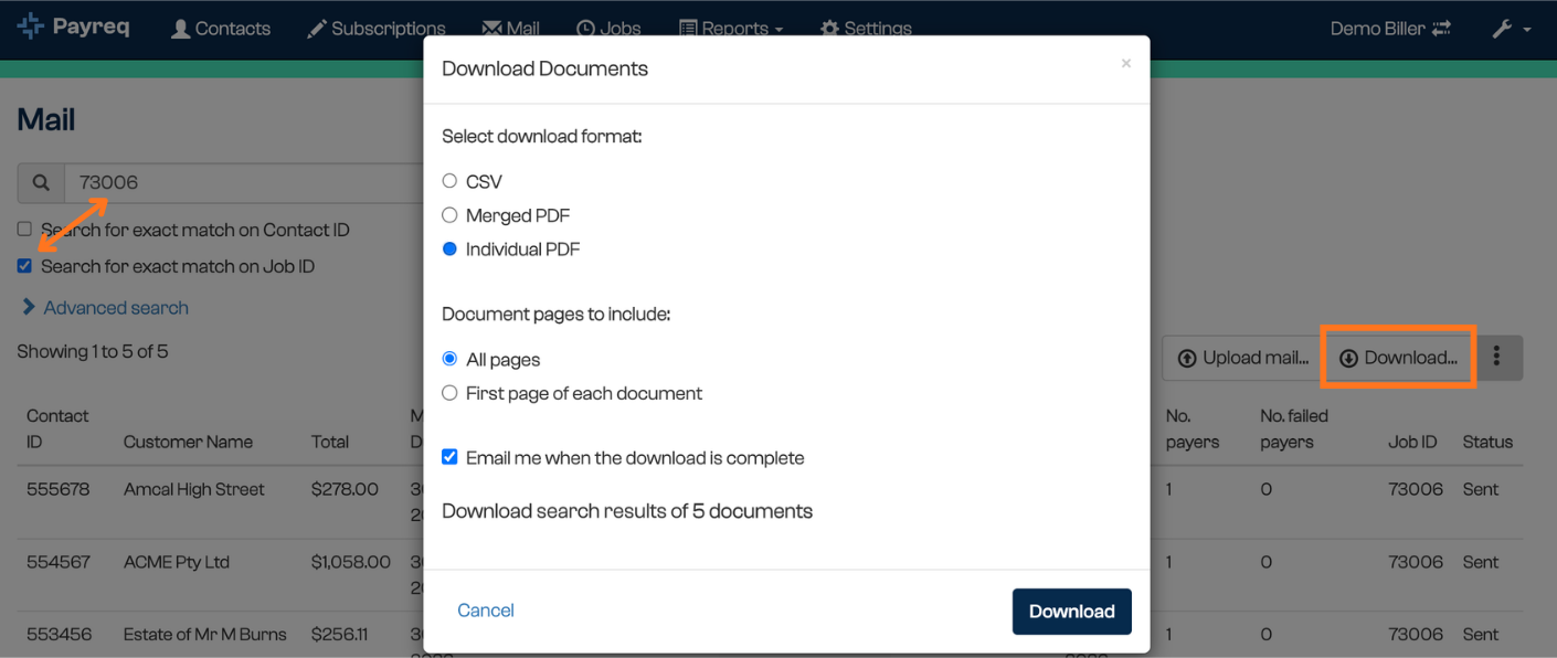 Mail download options: CSV, individual PDFs, merged PDF, and first page only