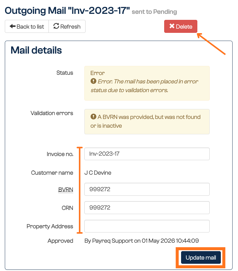 Reviewing and correcting a Mail item in Error status