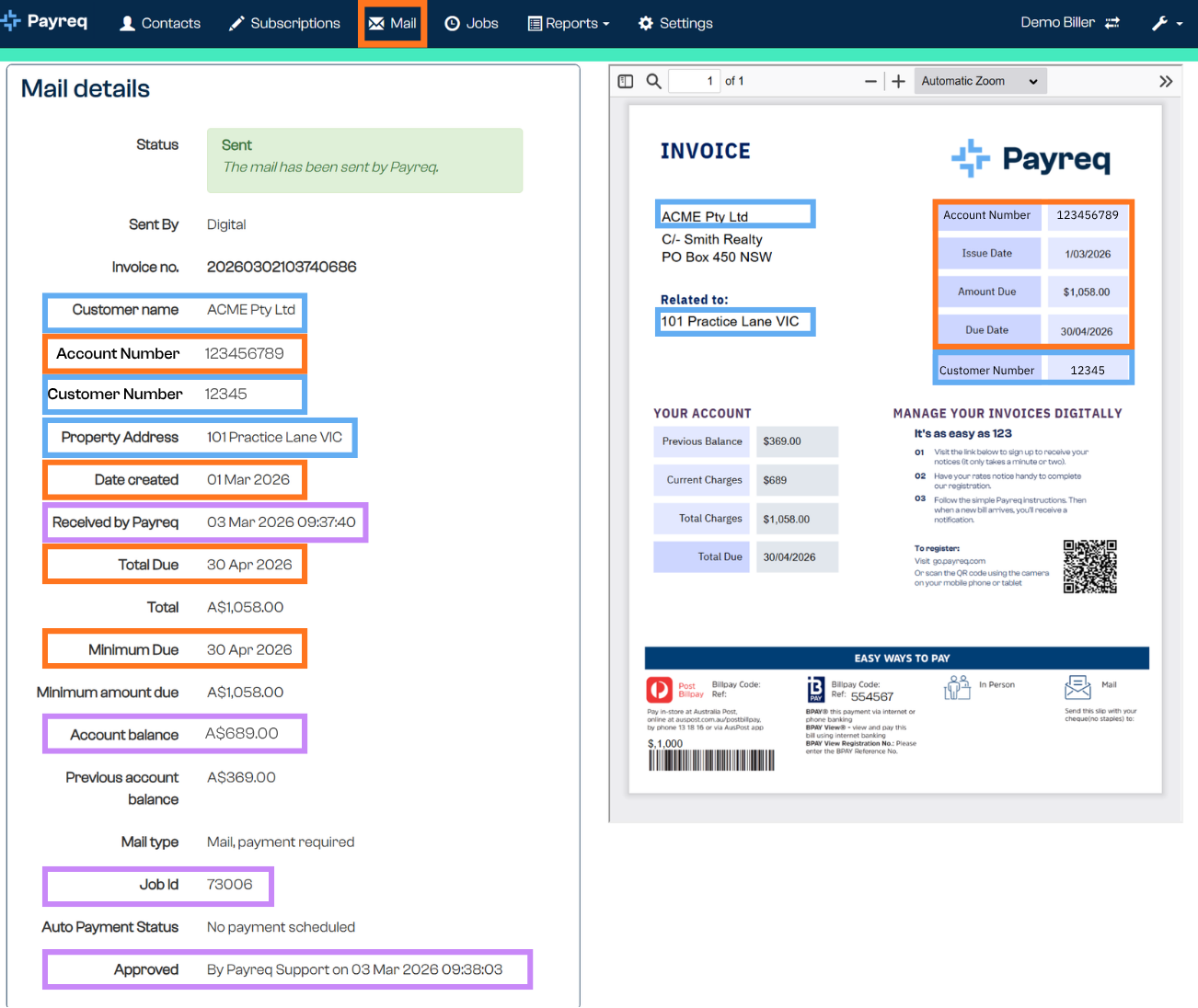 The Mail details pane, with the three groups of fields colour-coded
