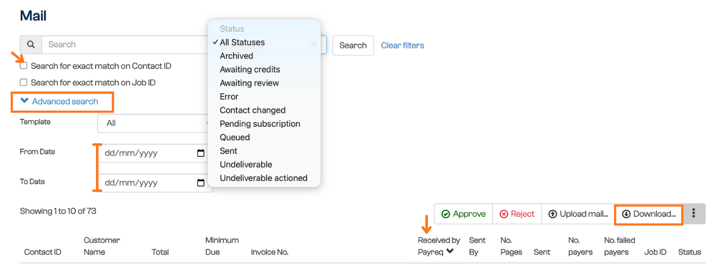 Mail page search and filter options