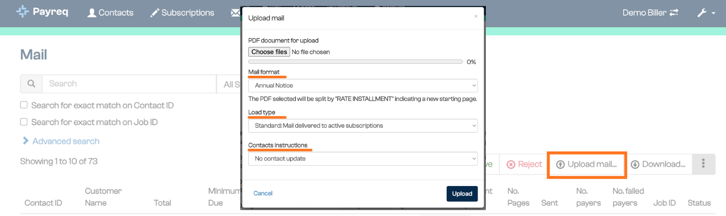 Console Mail upload window with the upload options