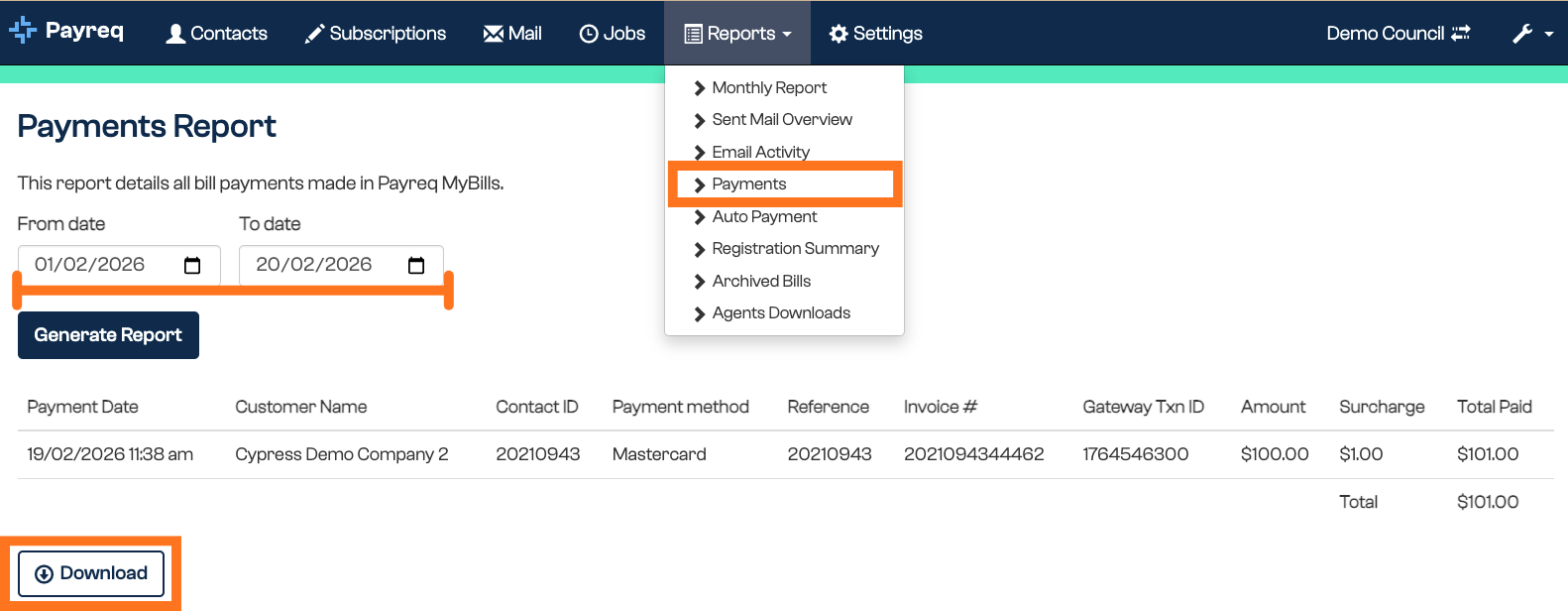 Bill Payments Report screen