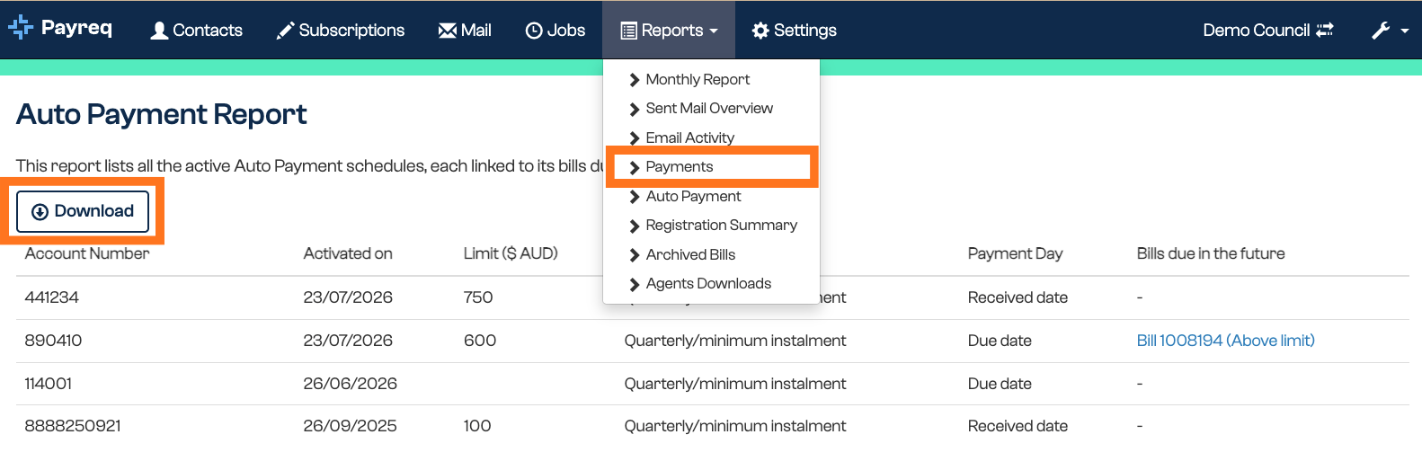 Auto Payment report screen