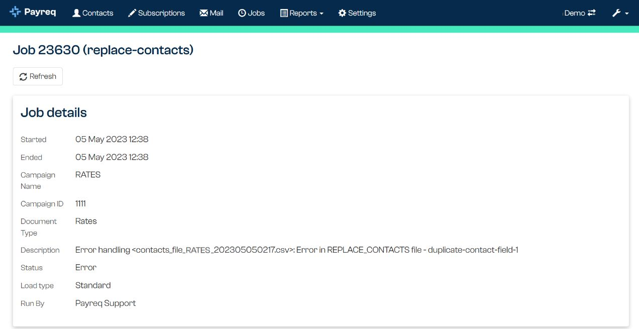 Errored Job details showing a duplicate Contact field error