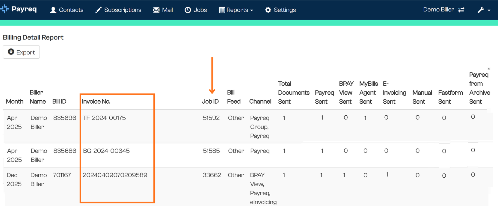 Billing Detail Report results