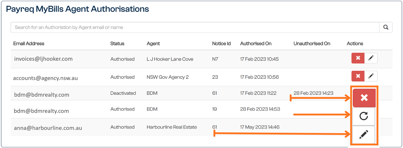 Liste des agents autorisés (interface anglaise)