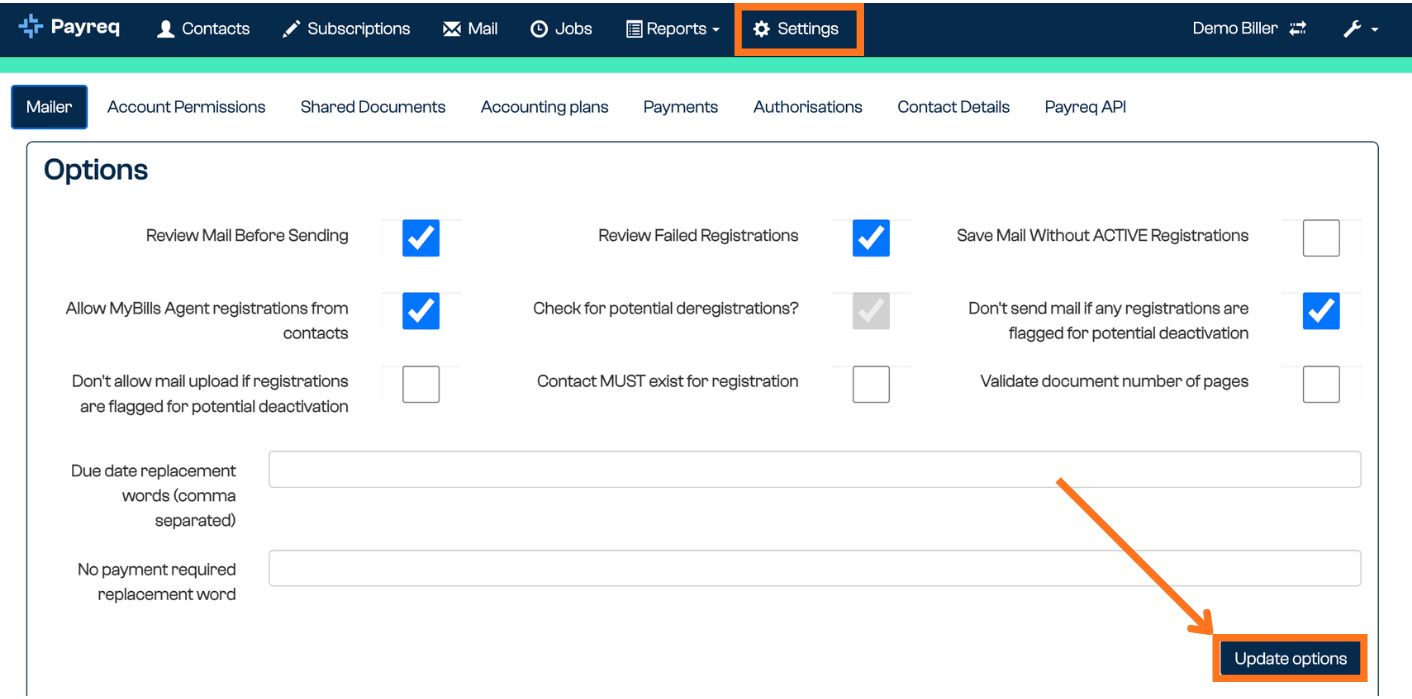 Options Mailer dans Paramètres (interface anglaise)