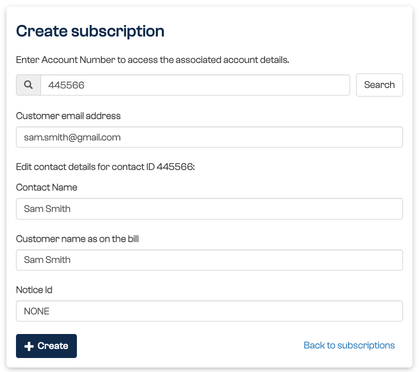 Create Subscription form with the customer details
