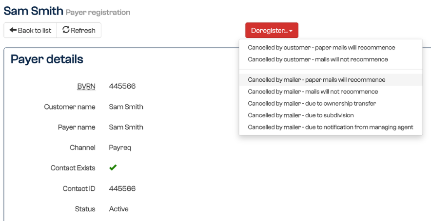 Deregistration reason dropdown on a Subscription record