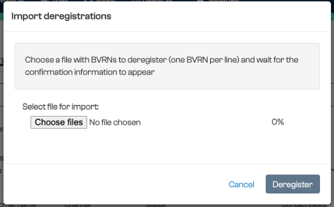 Import deregistrations window for uploading the Contact ID CSV