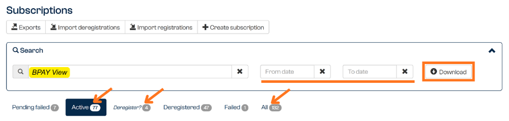Download option and filters on the Subscriptions page