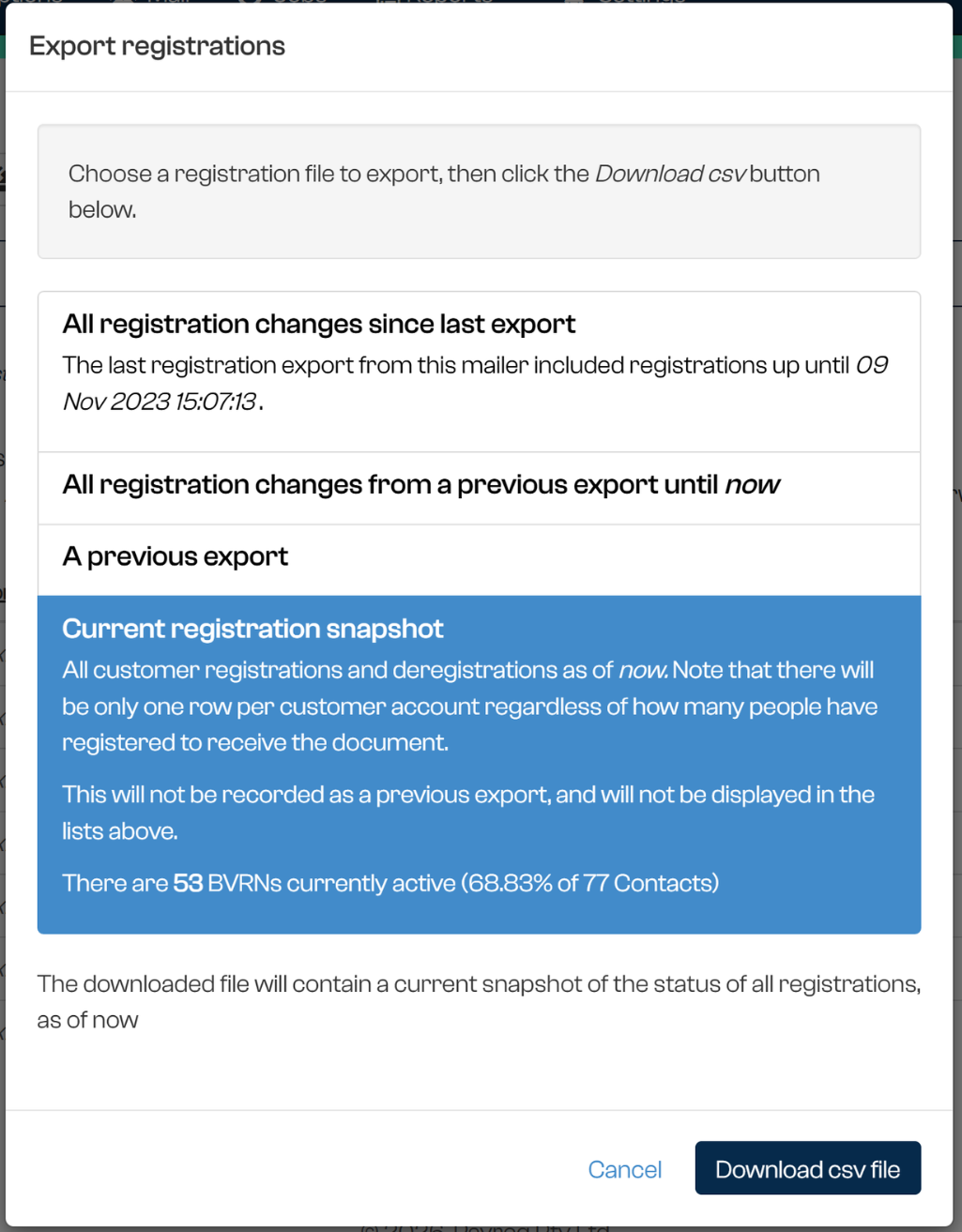 Export options and current registration snapshot