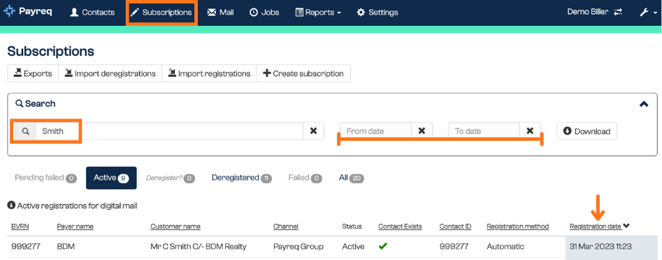 Subscriptions page showing the top actions