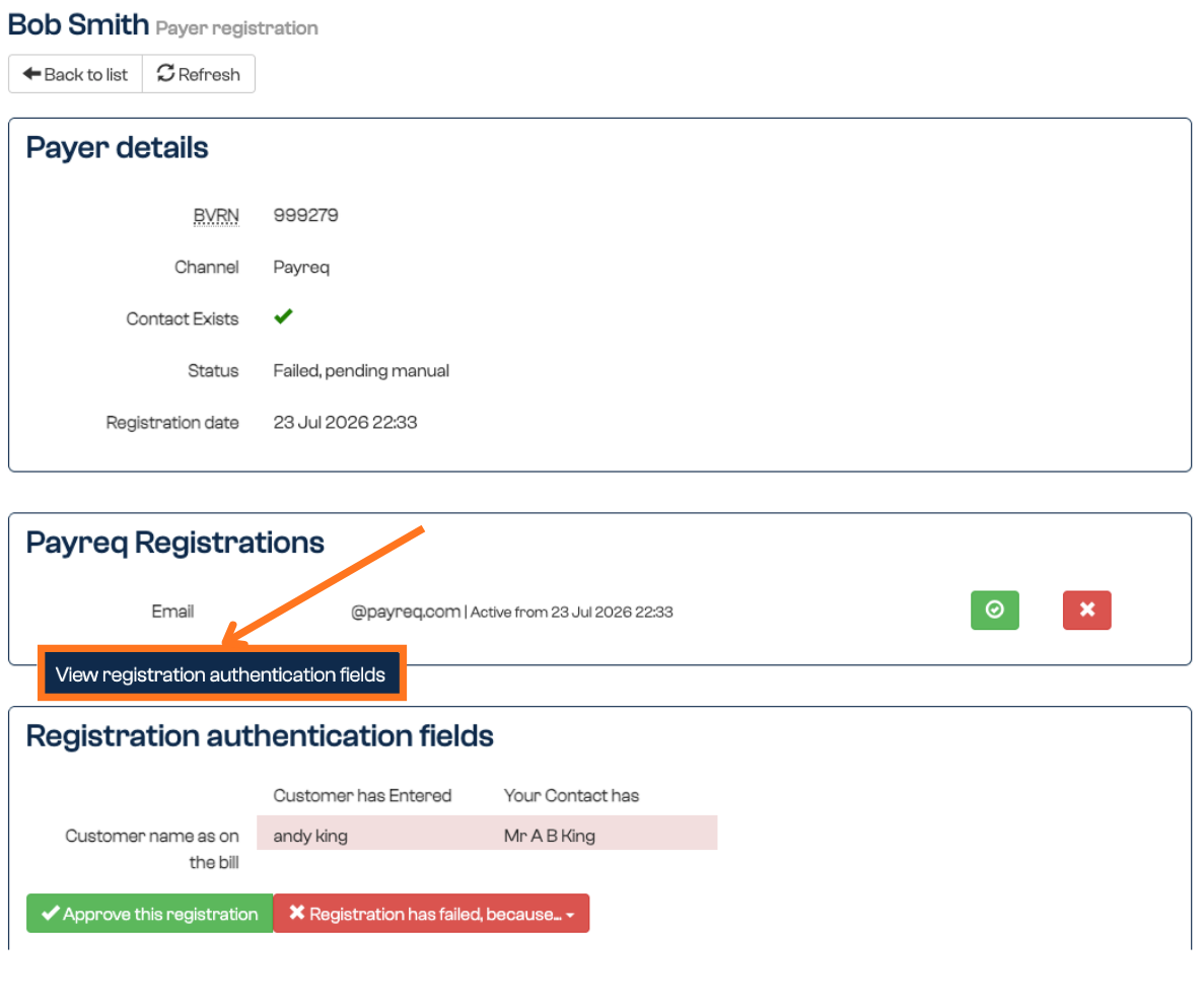 Approve or reject controls on a pending failed registration