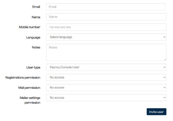 Blank Invite new user form with user details, user type and three permission selectors