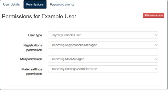 Permissions for an example user with the three permission selectors and Revoke access