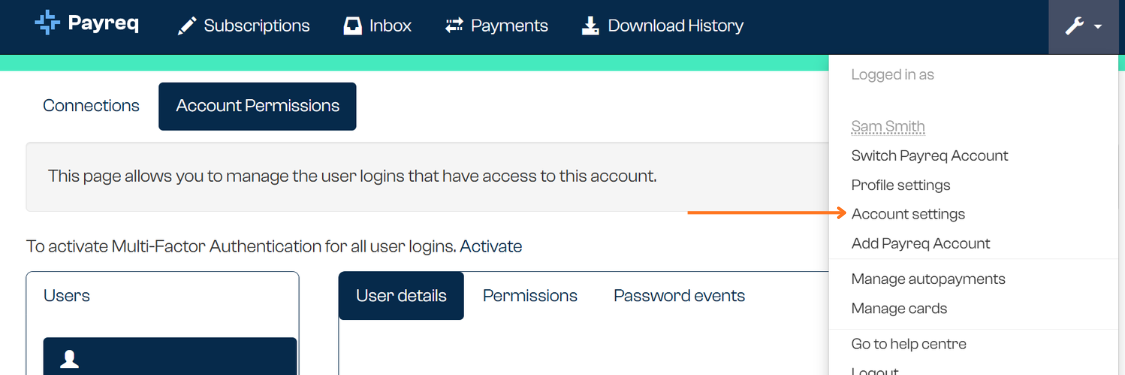 Account settings and Account Permissions screen